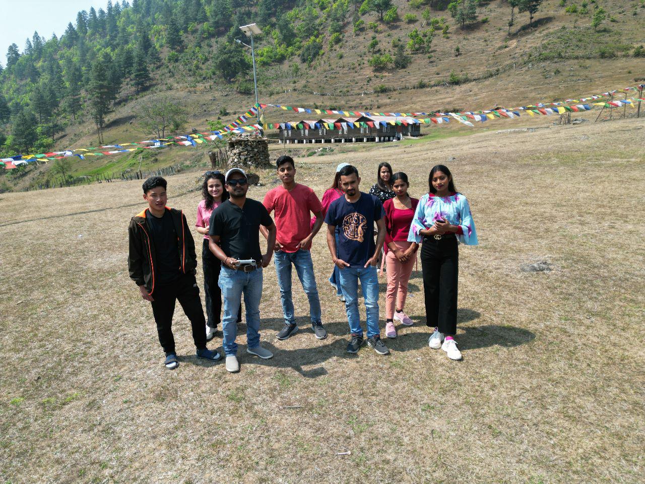 Tourist group smiling on a scenic trip